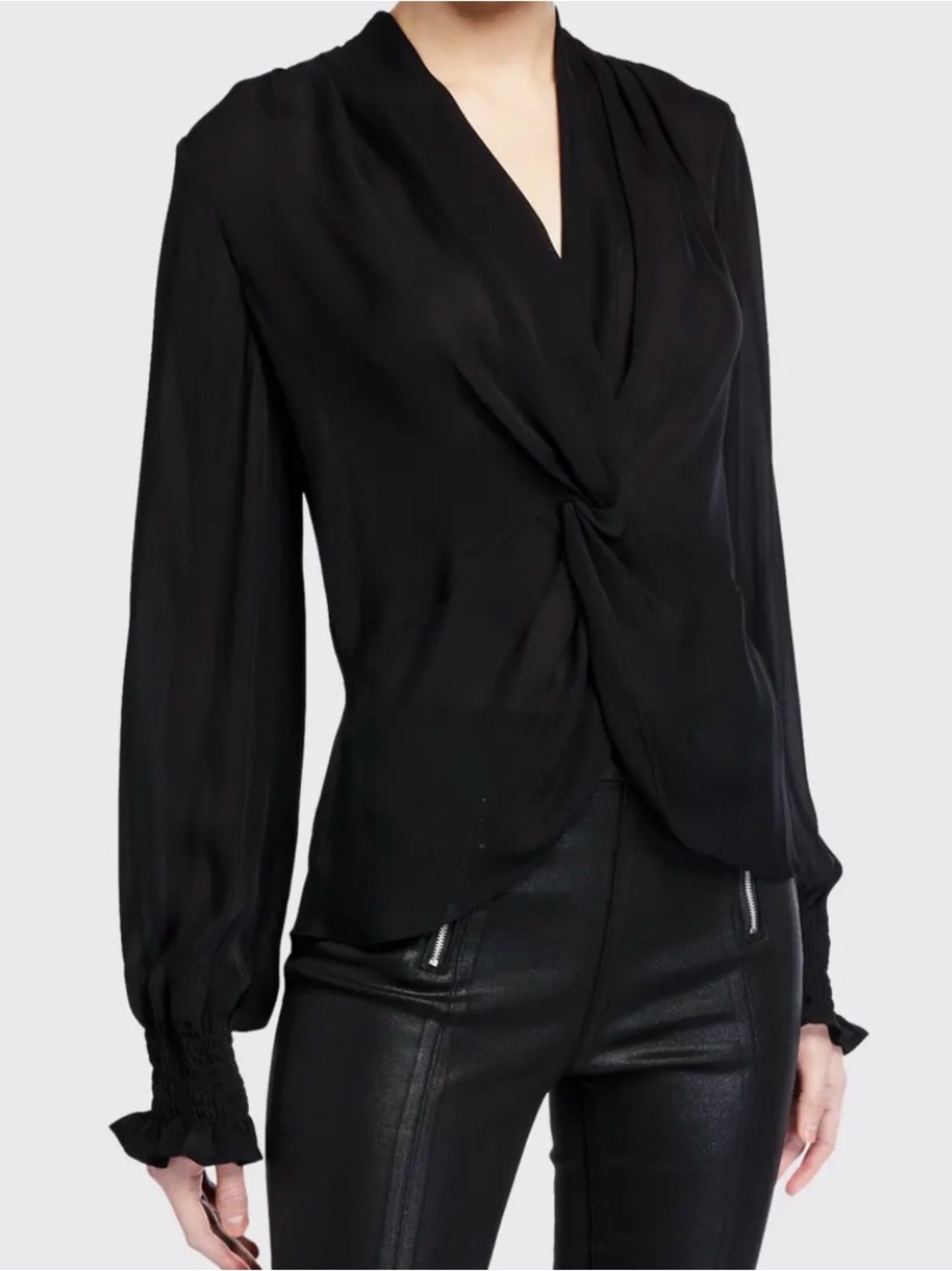 PAIGE Lorienne Black 100% Silk Twist Front Blouse V-Neck Long Sleeve Women's L
